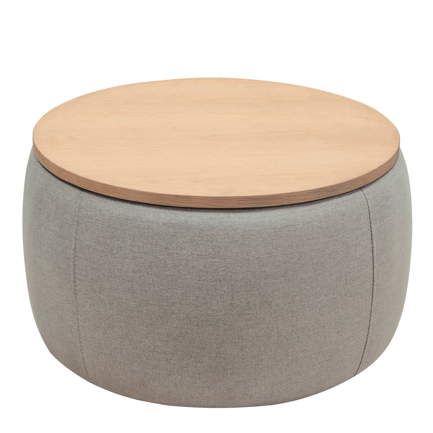 Jules Round Upholstered Storage Ottoman with Wooden Top, Gray