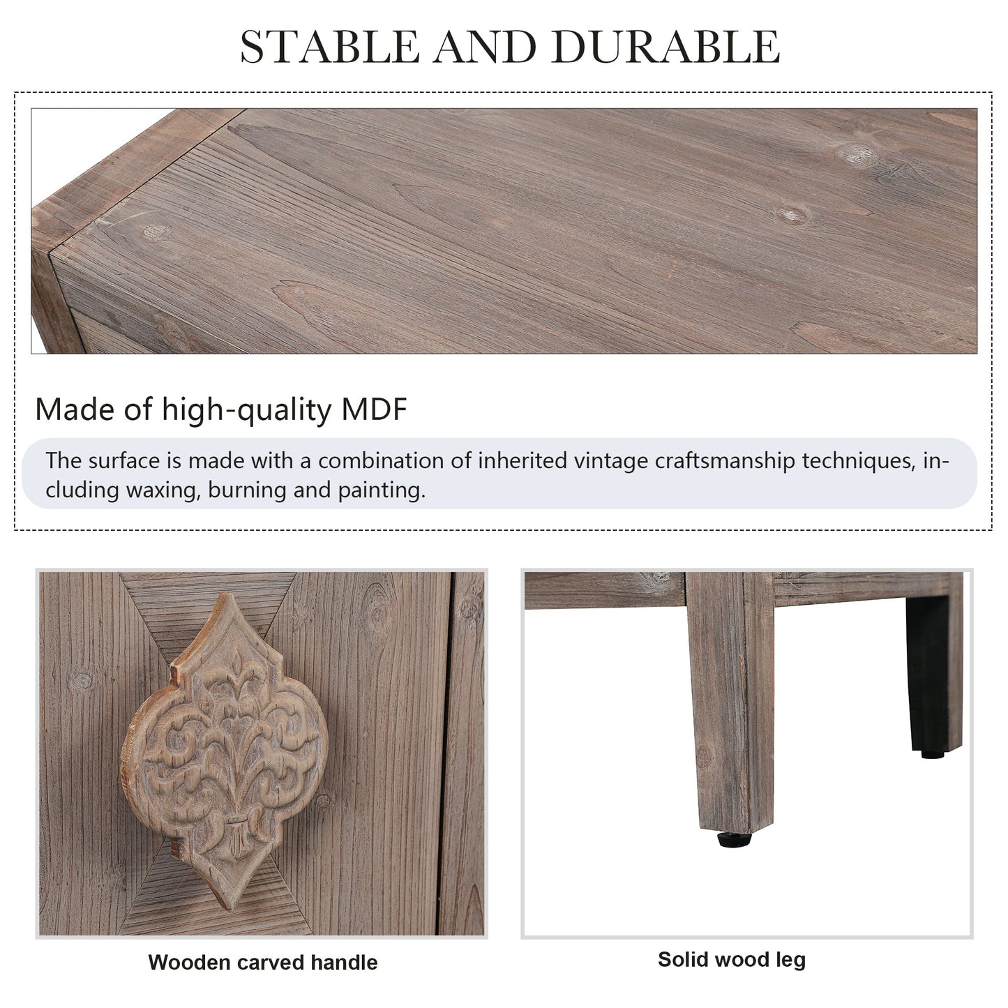 Brenda Carved Flower Door Handle, Antique Four Door Cabinet for Living Room Kitchen Hallway (Brown)