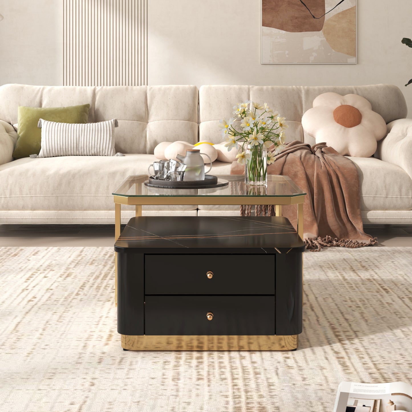 Saphira Modern High Gloss Nesting Tables - Black & Gold