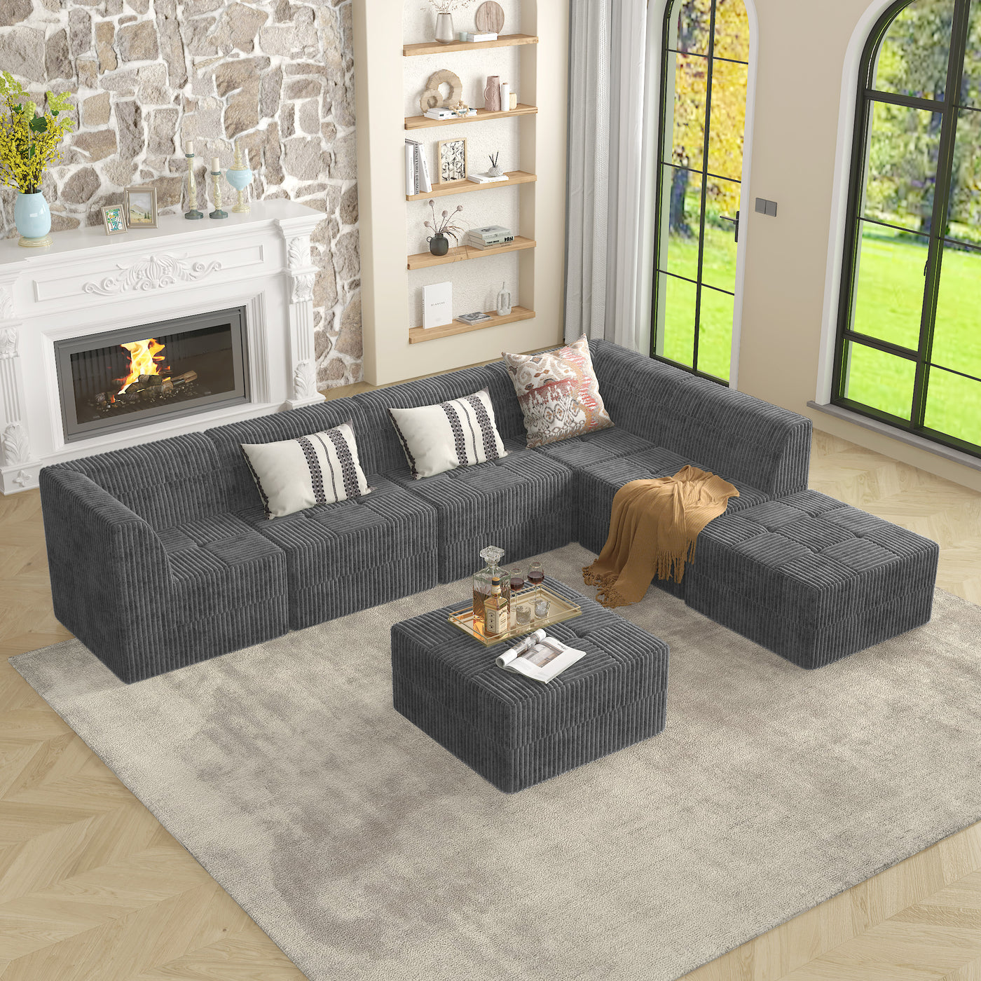 Peregrine Mid-Century Modern Square Corduroy Ottoman, Gray