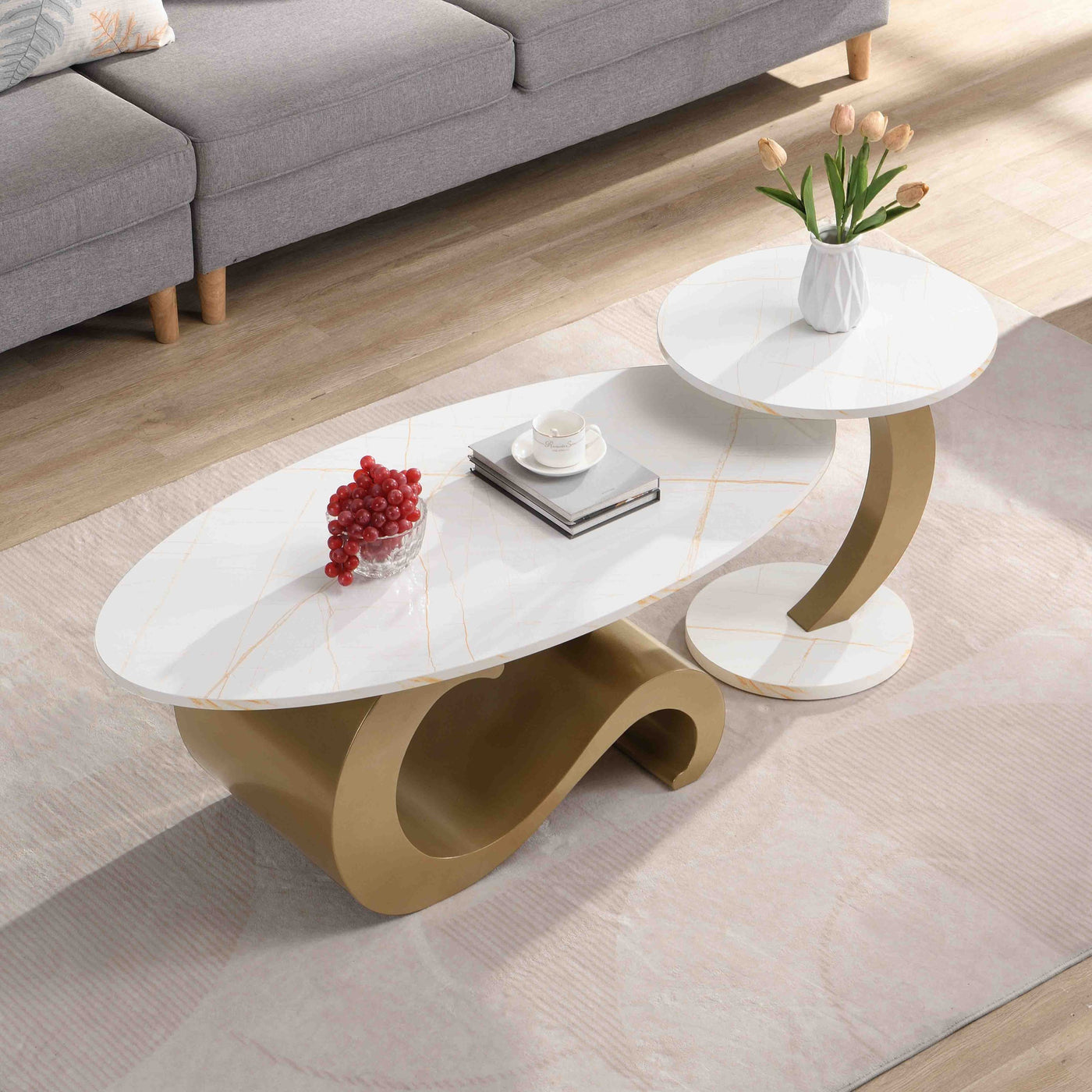 Gala Modern Nesting Nesting Tables, White & Gold