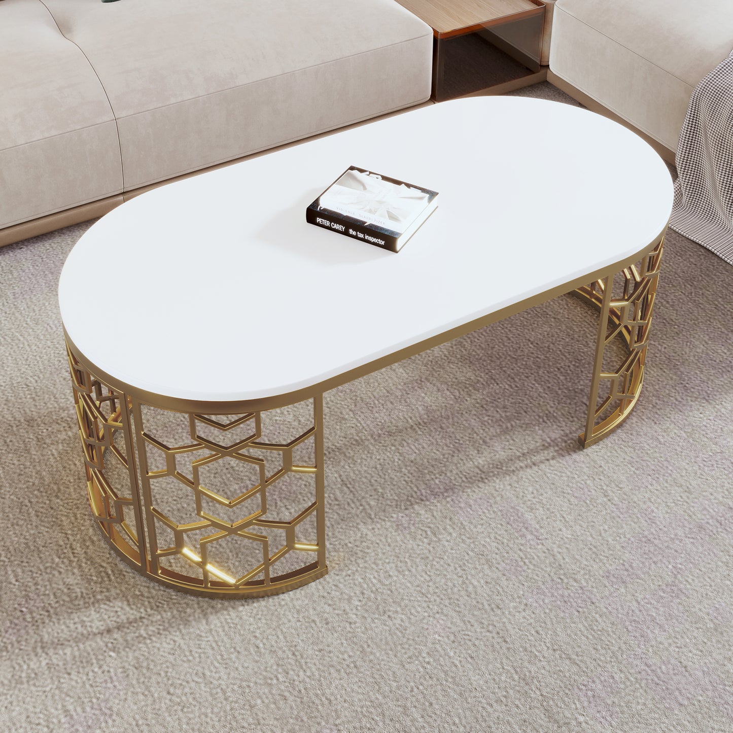 Ardith Modern Oval Coffee Table with Cut-Out Pattern Metal Stainless Steel Frame in 47.2"