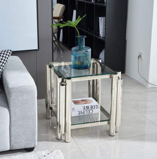 Cassius 20" Modern Glass Top Side Table with Silver Base