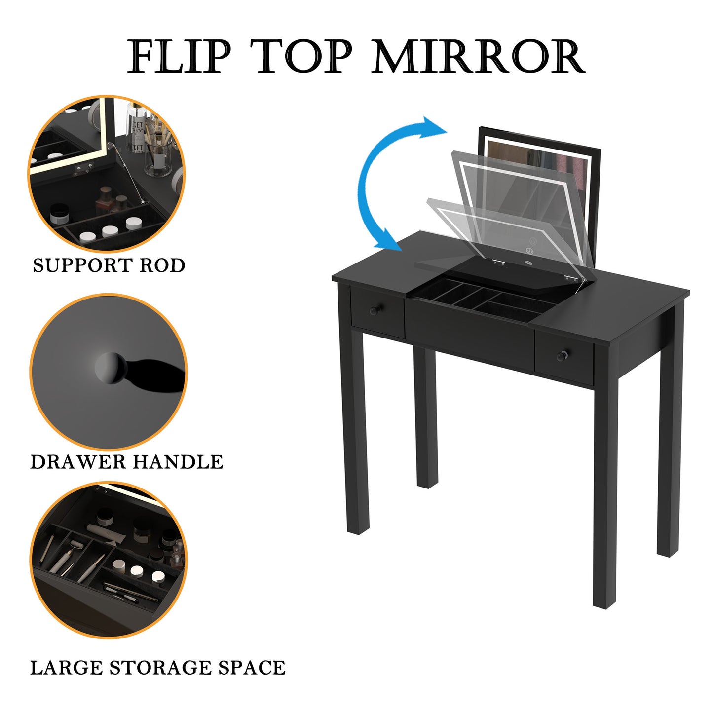 Ashland Elegant Black Vanity Table with LED Lights, Flip-Top Mirror and 2 Drawers