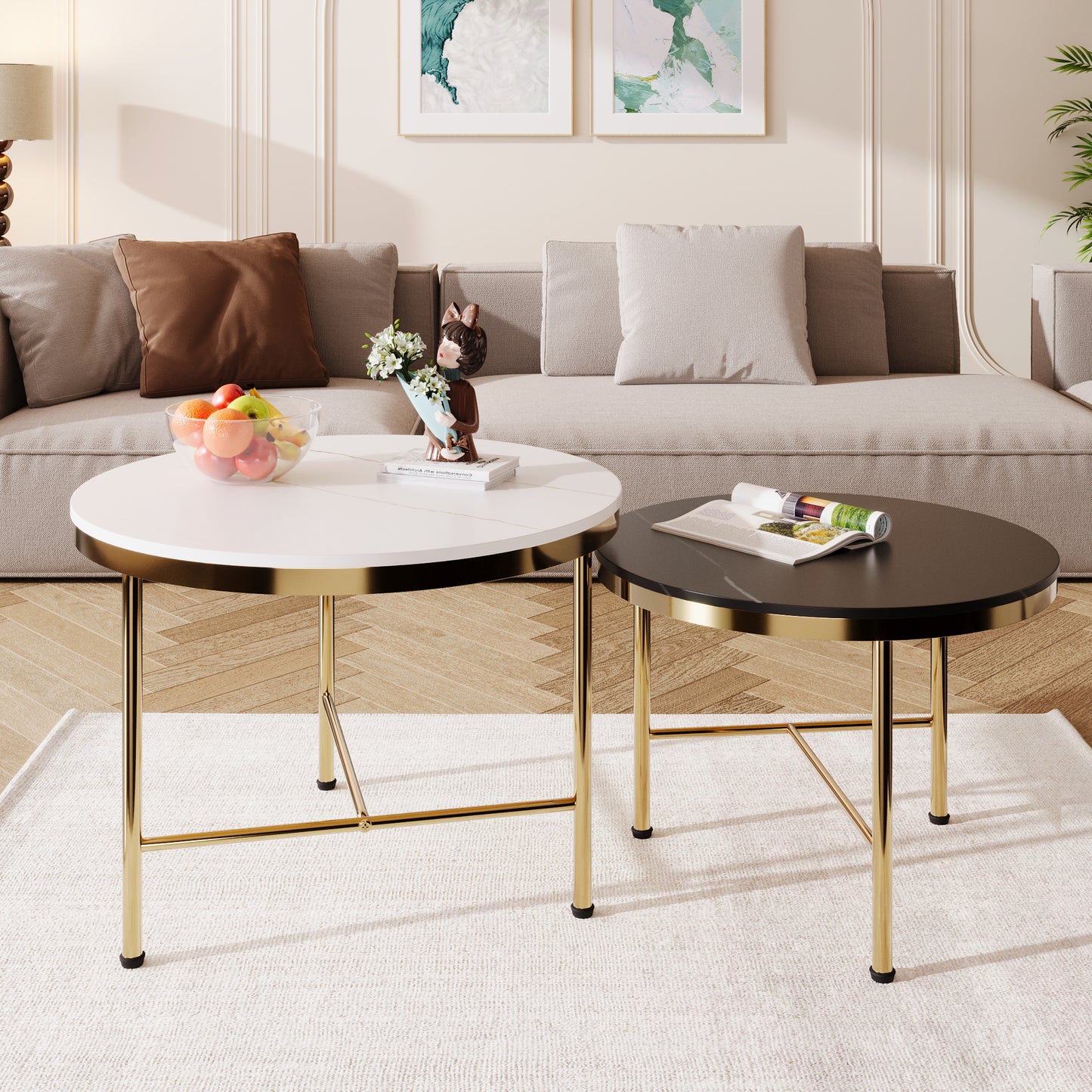 Zinnia Modern Round Nesting Coffee Table Set, Black & White Sintered Stone Top Gold Base