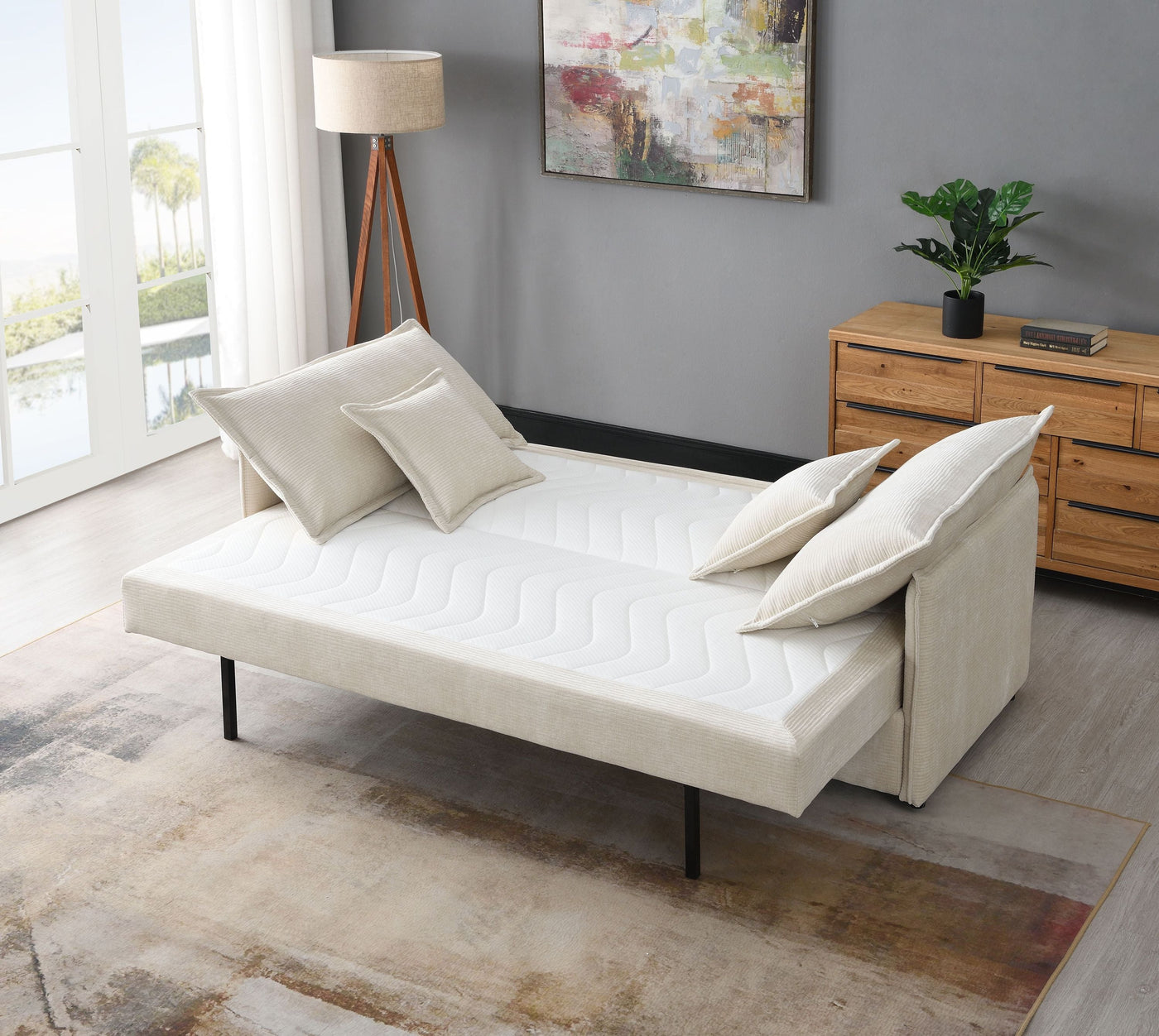 Elisea Beige Fabric Sleeper Sofa w/ 2 Toss Pillows