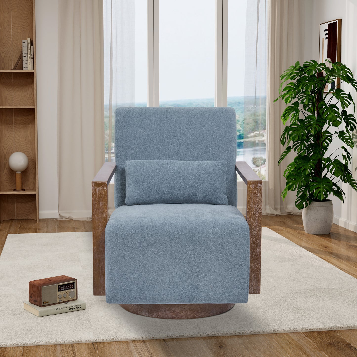 Tarren Linen Swivel Chair with Solid Wood Arms & Base - Pale Blue