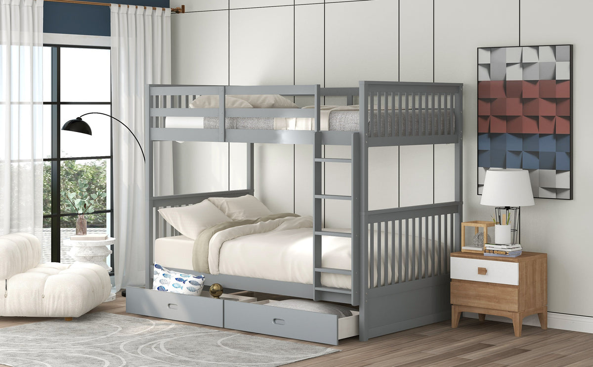 Larkspur Twin-Over-Twin Bunk Bed with Ladders and Two Storage Drawers (Gray)