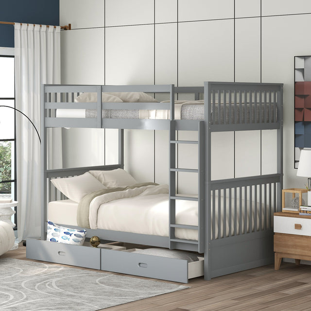 Larkspur Twin-Over-Twin Bunk Bed with Ladders and Two Storage Drawers (Gray)