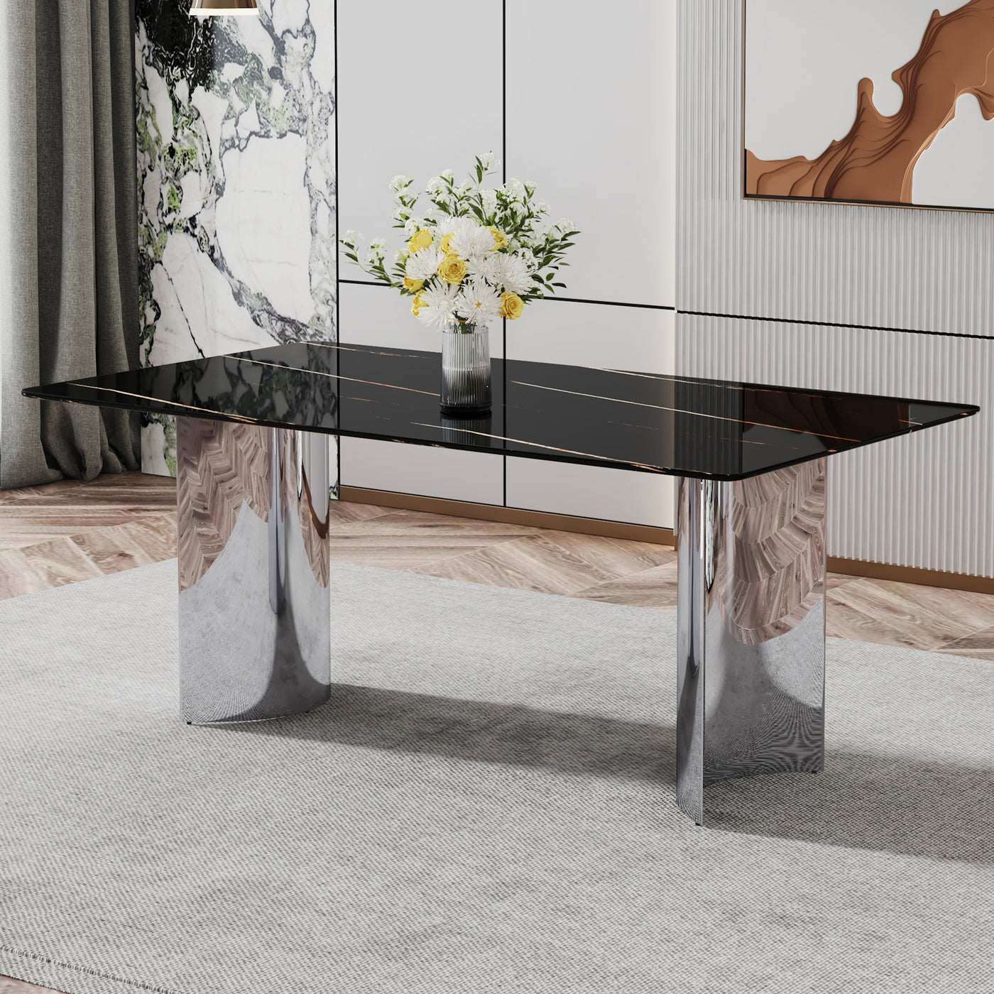 Sasha Modern Faux Marble Dining Set the Silver Legs - Black & Silver