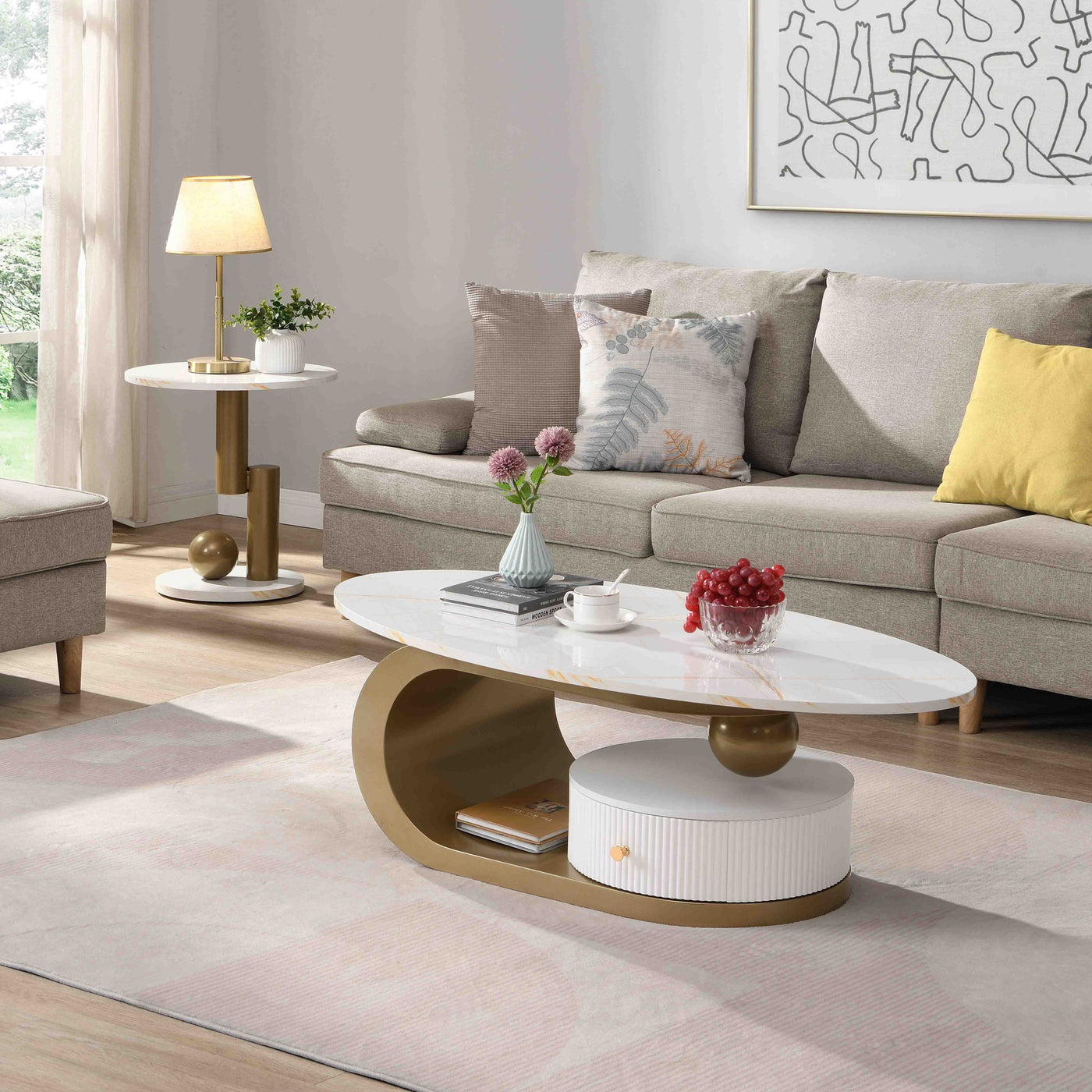 Flossie Modern Oval Nesting Table Set with Faux Marble Top, Brown & White