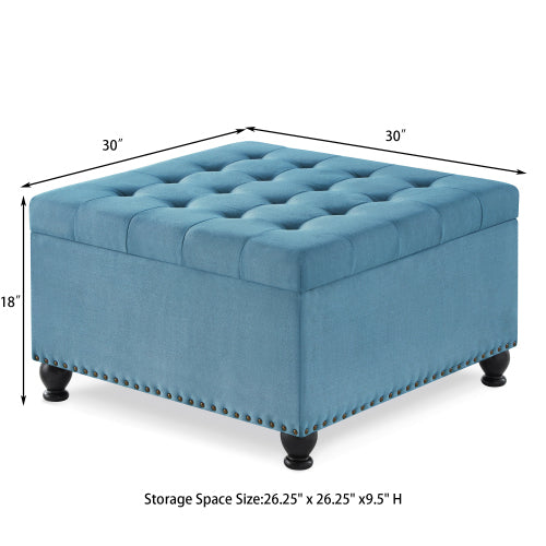 Trent Tufted Blue Linen Storage Ottoman