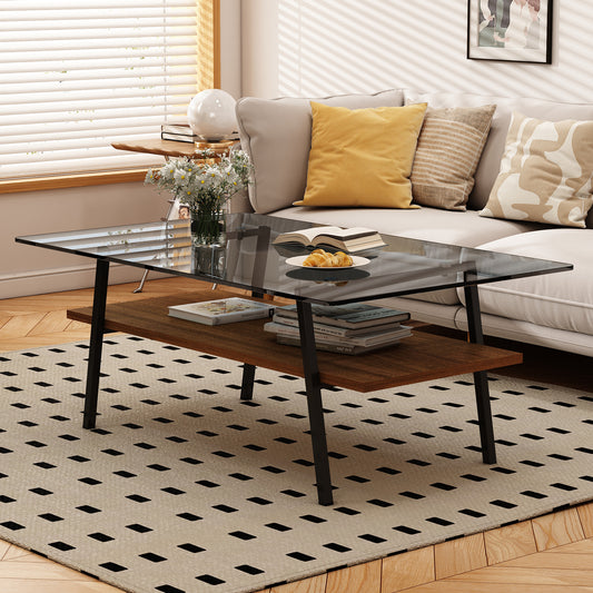 Penn Modern Gray Glass Top Coffee Table with Lower Shelf