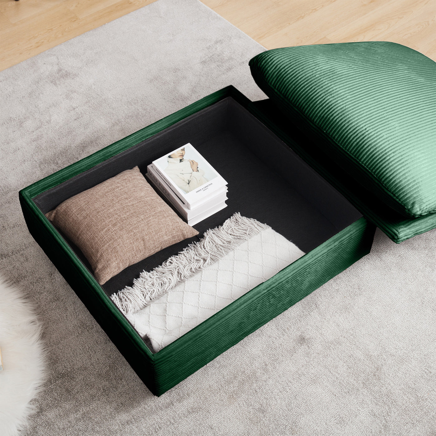 Sorrel Corduroy Upholstered Storage Ottoman, Green