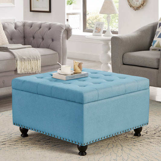 Trent Tufted Blue Linen Storage Ottoman