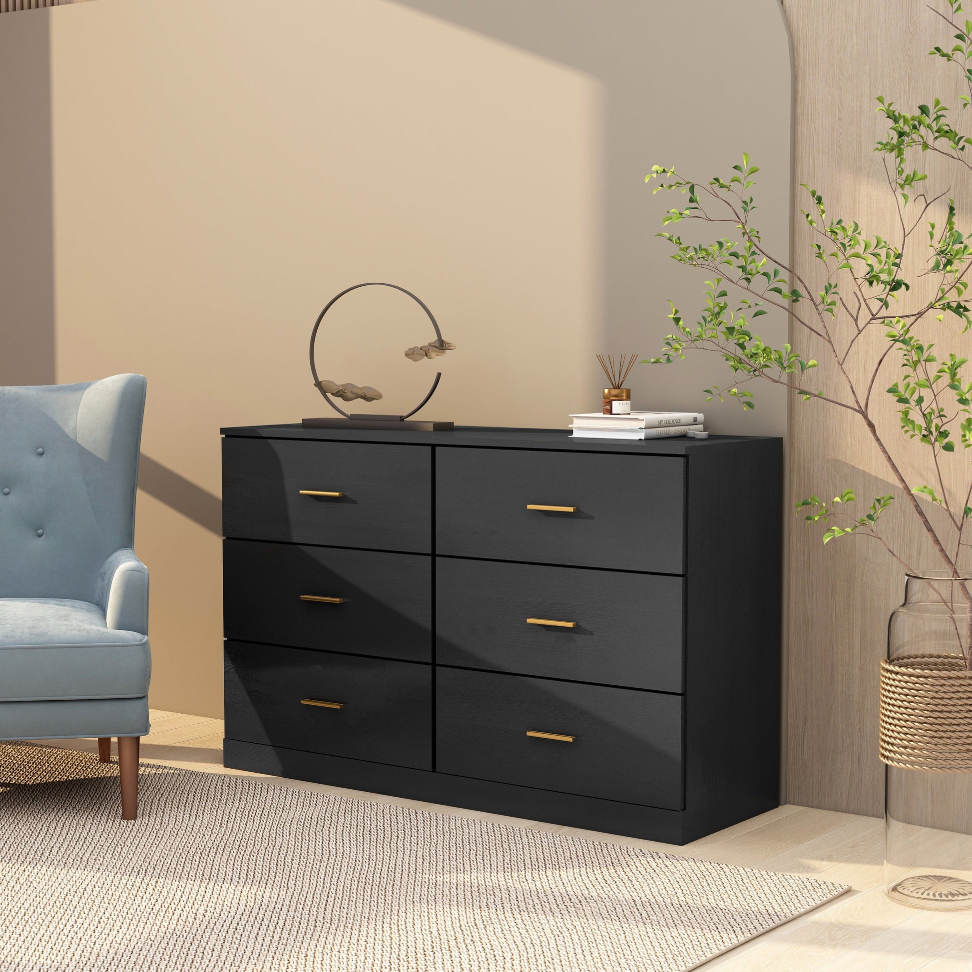 Eliana Modern 6-Drawer Dresser with Gold Handles, Black