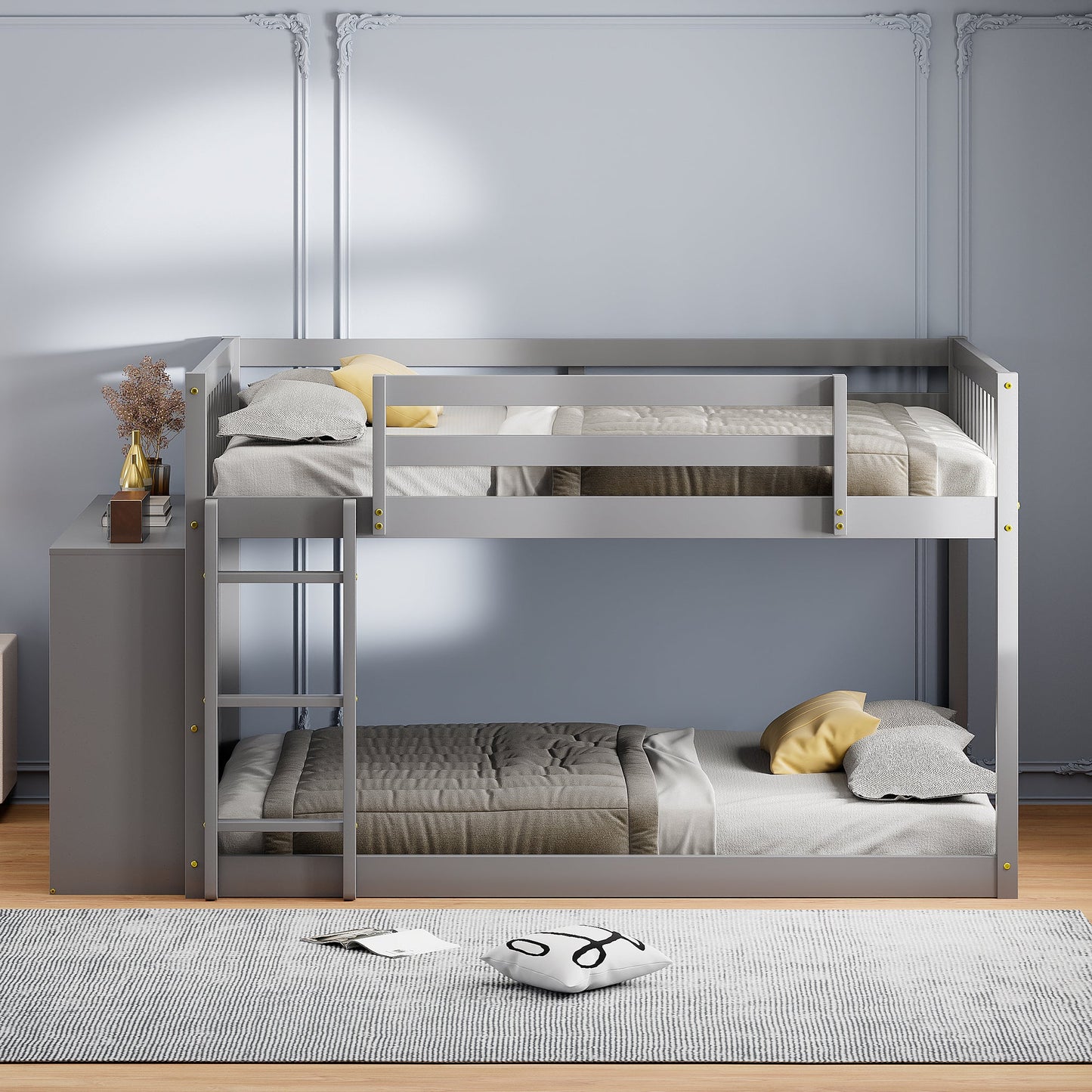 Rachel Full over Full Bunk Bed with 4 Drawers and 3 Shelves-Gray