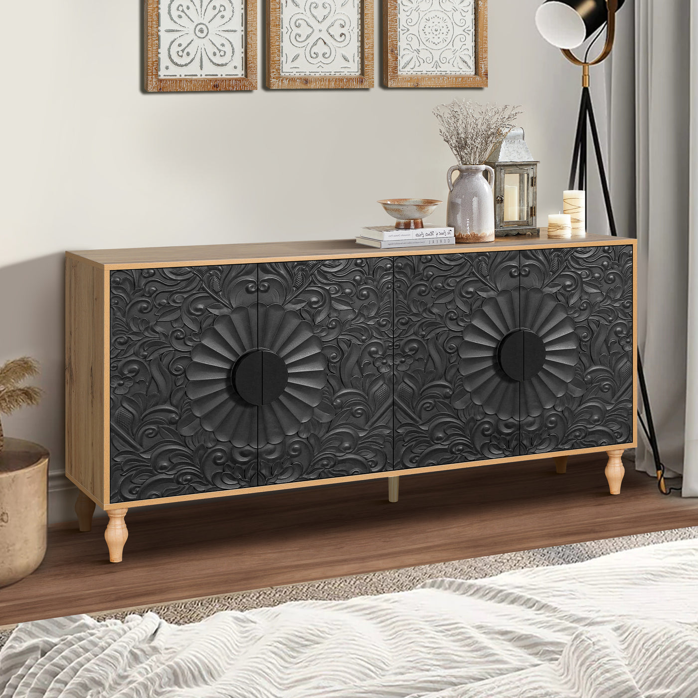 Finian Large Faceted Carved 4-Door Cabinet in Vintage Black & Natural