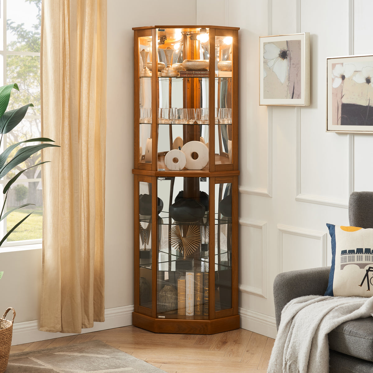 Irene 6-Shelf Corner Curio Cabinet with Adjustable Shelves, Oak