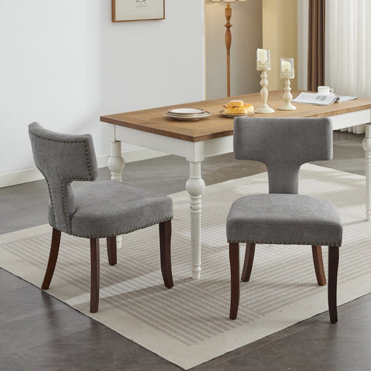 Chic Fusion Mid-Century Modern Linen Upholstered Dining Chairs with Copper Nail Accents Set of 2 Gray