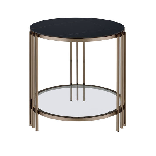 ACME Abisha End Table, Sintered Stone & Champagne Finish LV02816