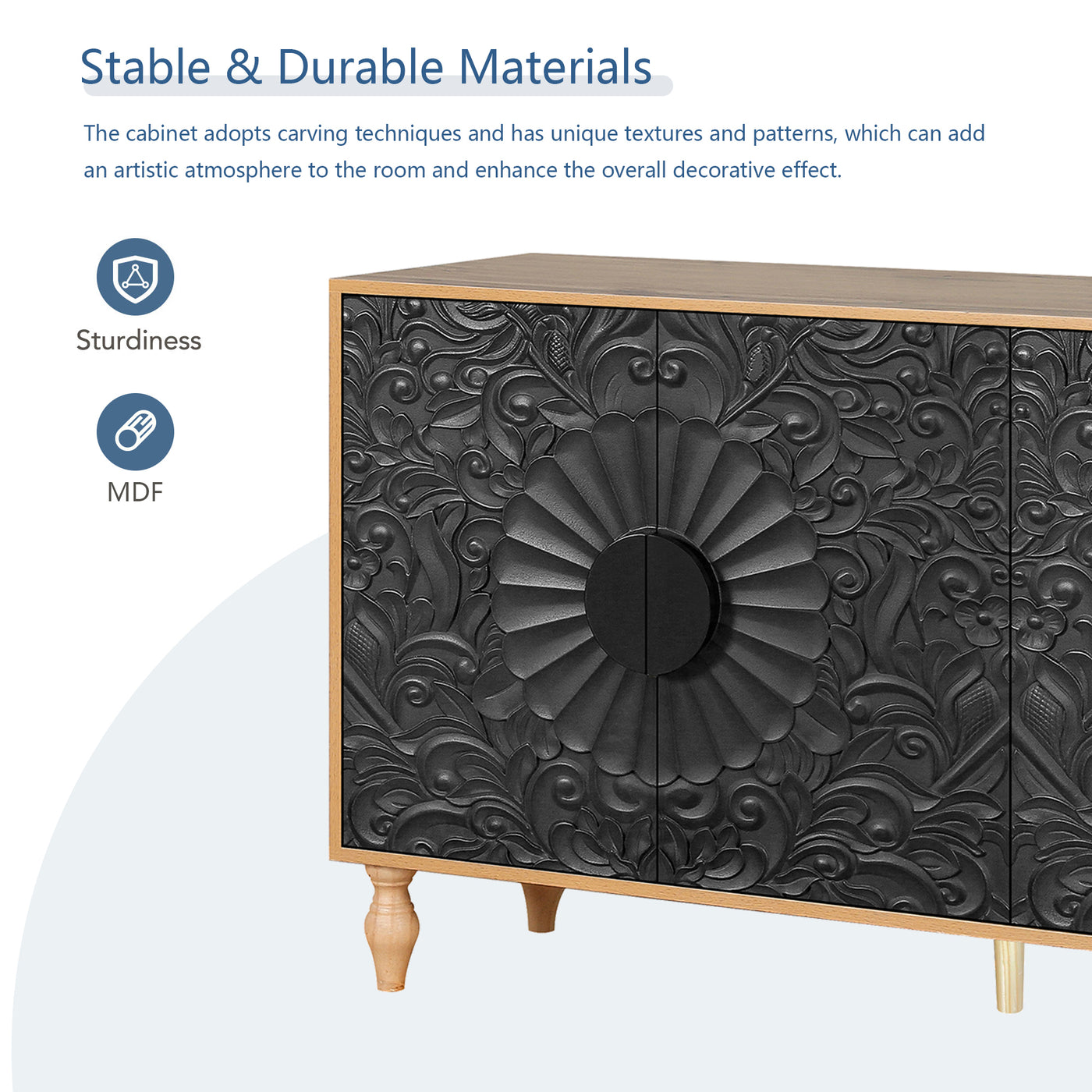 Finian Large Faceted Carved 4-Door Cabinet in Vintage Black & Natural