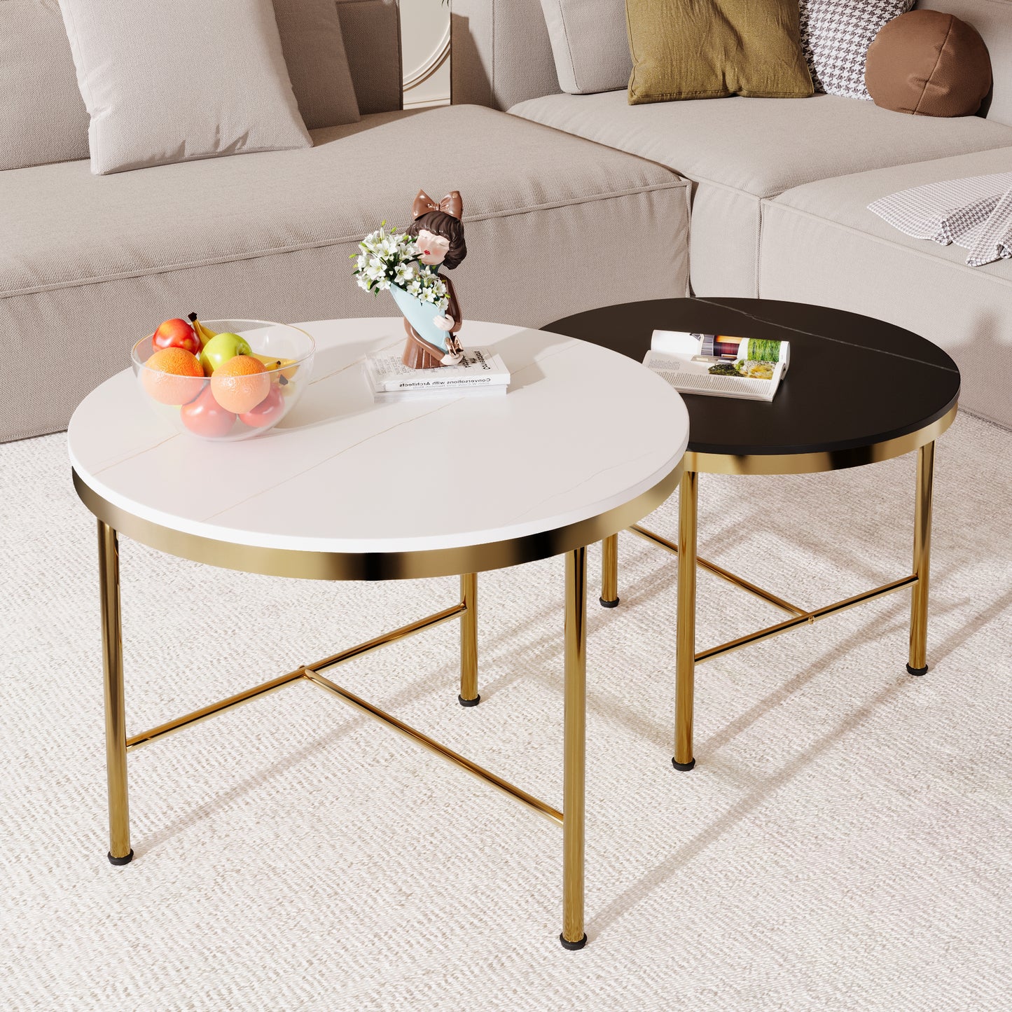 Zinnia Modern Round Nesting Coffee Table Set, Black & White Sintered Stone Top Gold Base