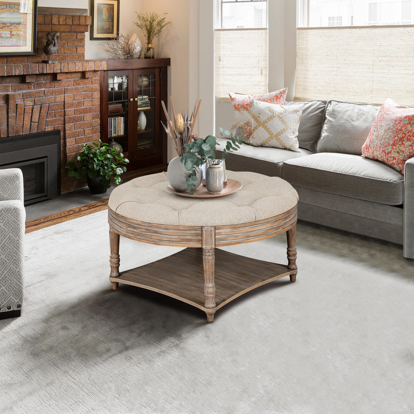 Hartford Large Round 2-Tier Ottoman Coffee Table with Tufted Linen Top