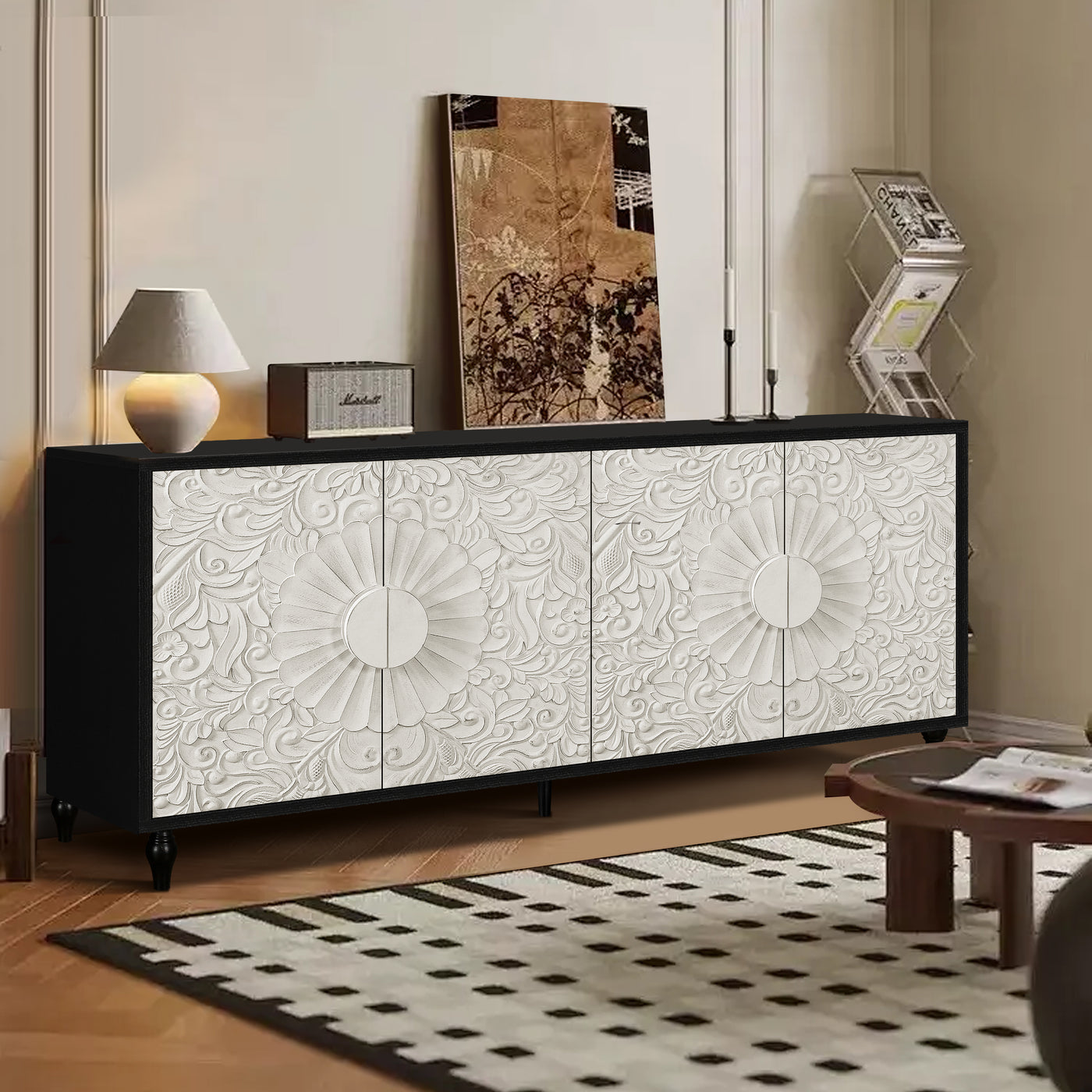Finian Large Faceted Carved 4-Door Cabinet in Vintage White & Black