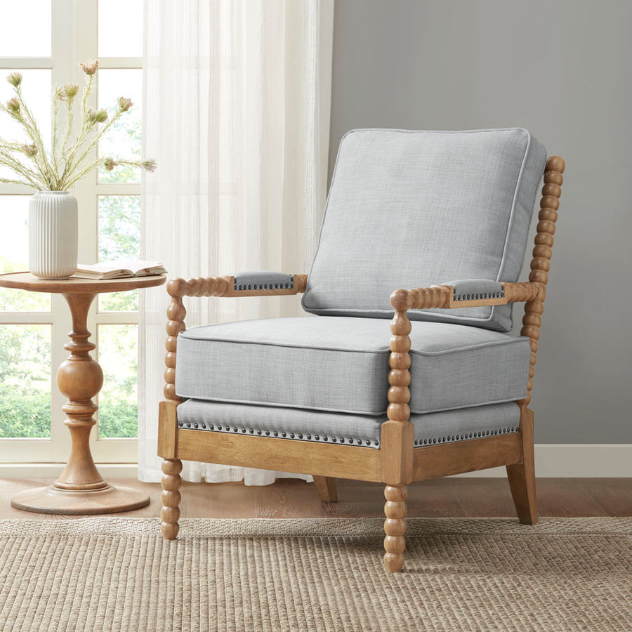 Valencia Spindle Armchair – Upholstered Accent Chair with Turned Legs, Blue/Camel