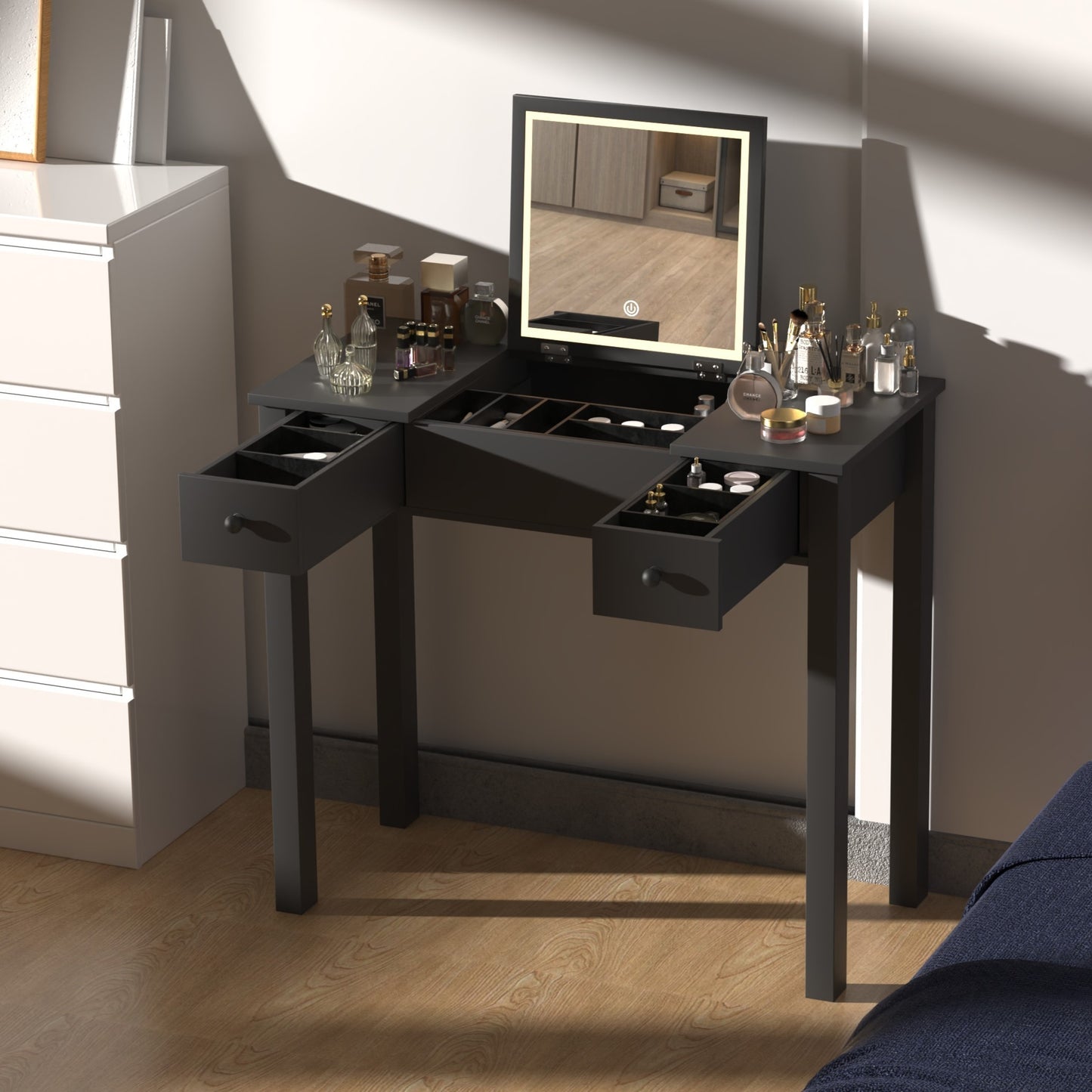 Ashland Elegant Black Vanity Table with LED Lights, Flip-Top Mirror and 2 Drawers