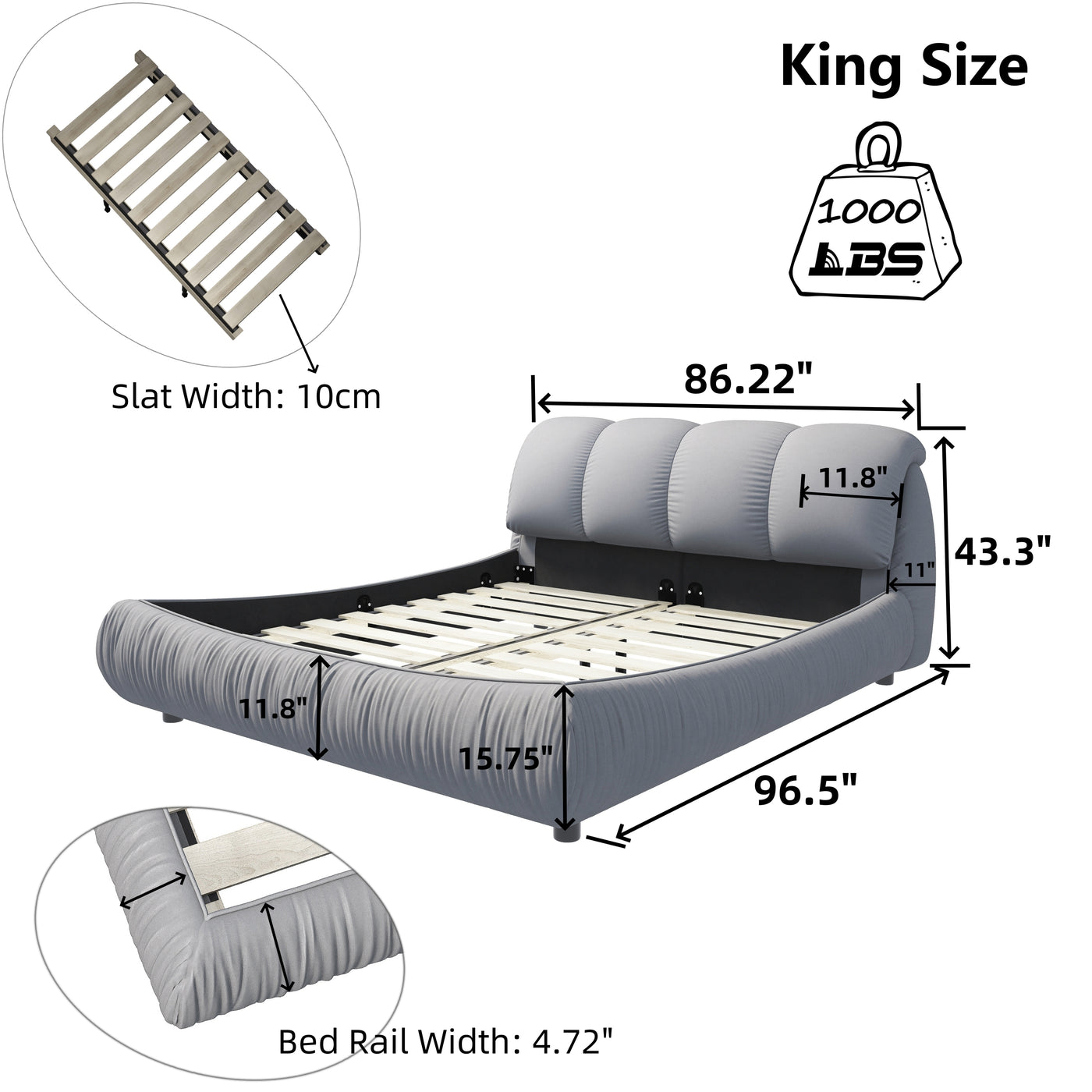 Calista Modern King Size Upholstered Platform Bed, Gray