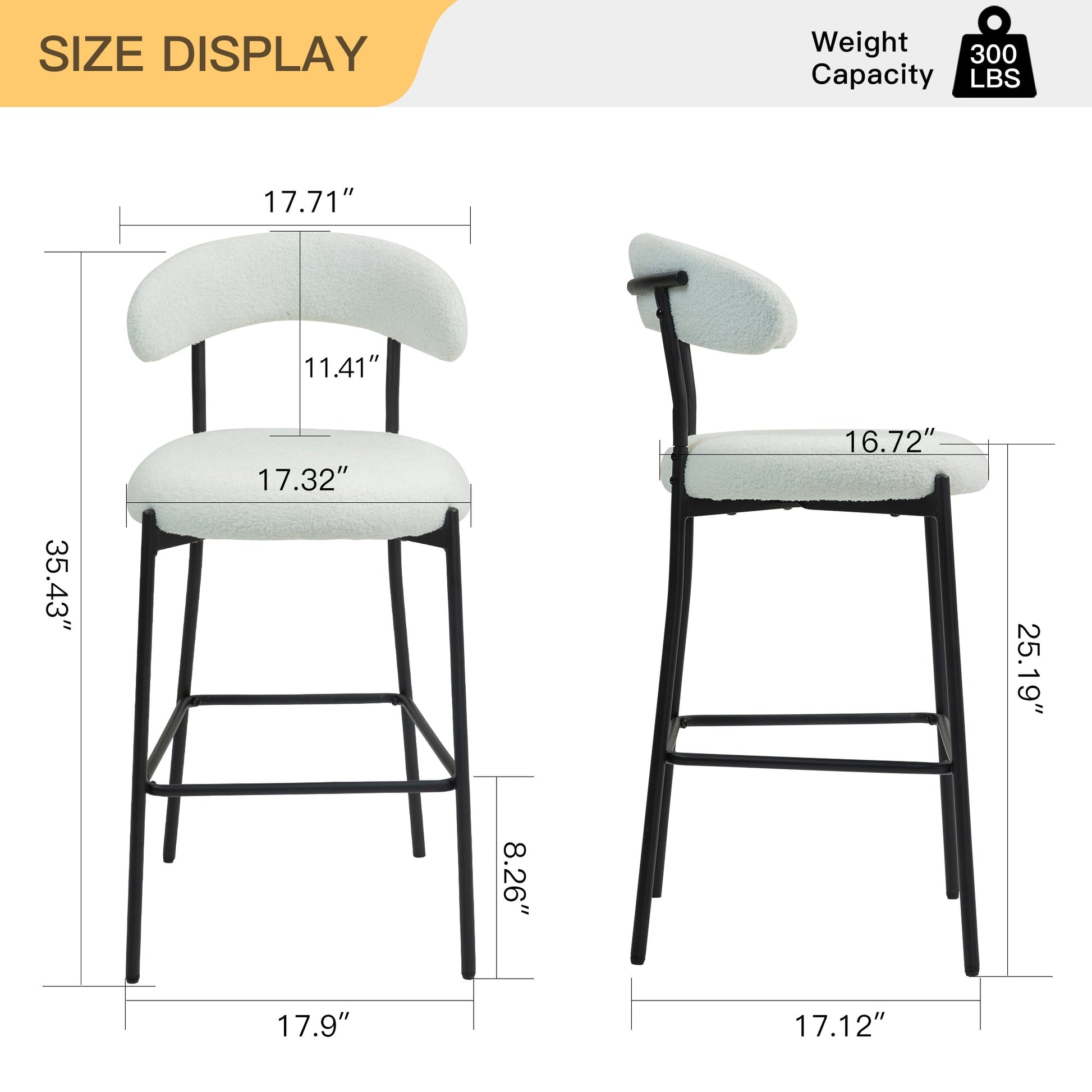 Modern Grey Teddy Fabric 26" Counter Height Bar Stool with Black Powder-Coated Base Set of 2 White