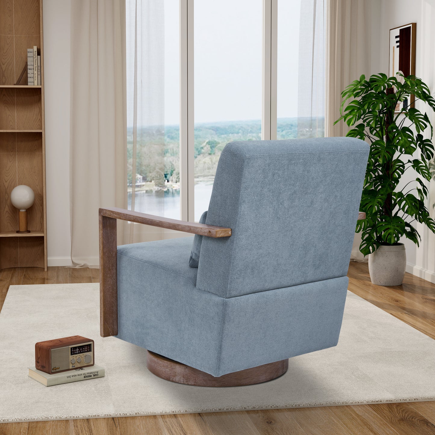 Tarren Linen Swivel Chair with Solid Wood Arms & Base - Pale Blue