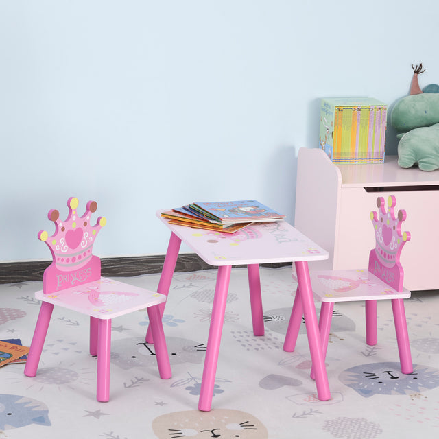 Qaba 3-Piece Kids Wooden Table and Chair Set with Crown Pattern