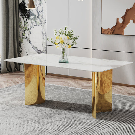 Sasha Modern Faux Marble Dining Set the Golden Legs - White & Gold