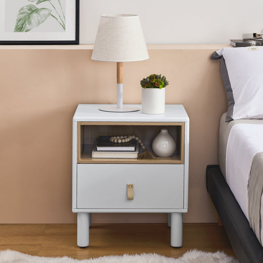 Lillian Single-Drawer Wooden Nightstand with Leather Pull Handle, White