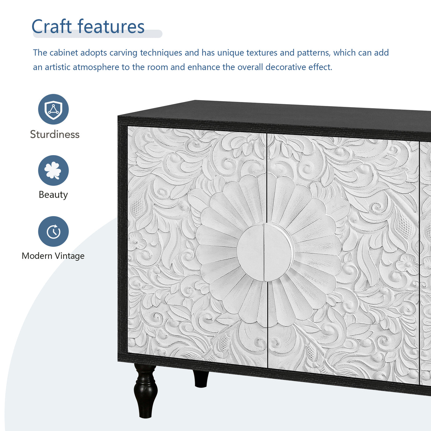Finian Large Faceted Carved 4-Door Cabinet in Vintage White & Black
