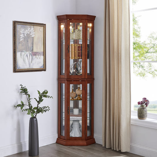 Edith Traditional Corner Curio Cabinet with Mirrored Back, Walnut