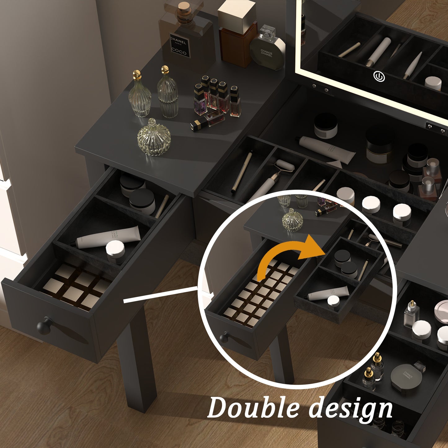 Ashland Elegant Black Vanity Table with LED Lights, Flip-Top Mirror and 2 Drawers