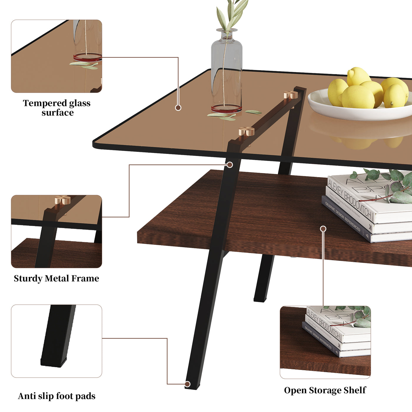 Penn Modern Brown Glass Top Coffee Table with Lower Shelf