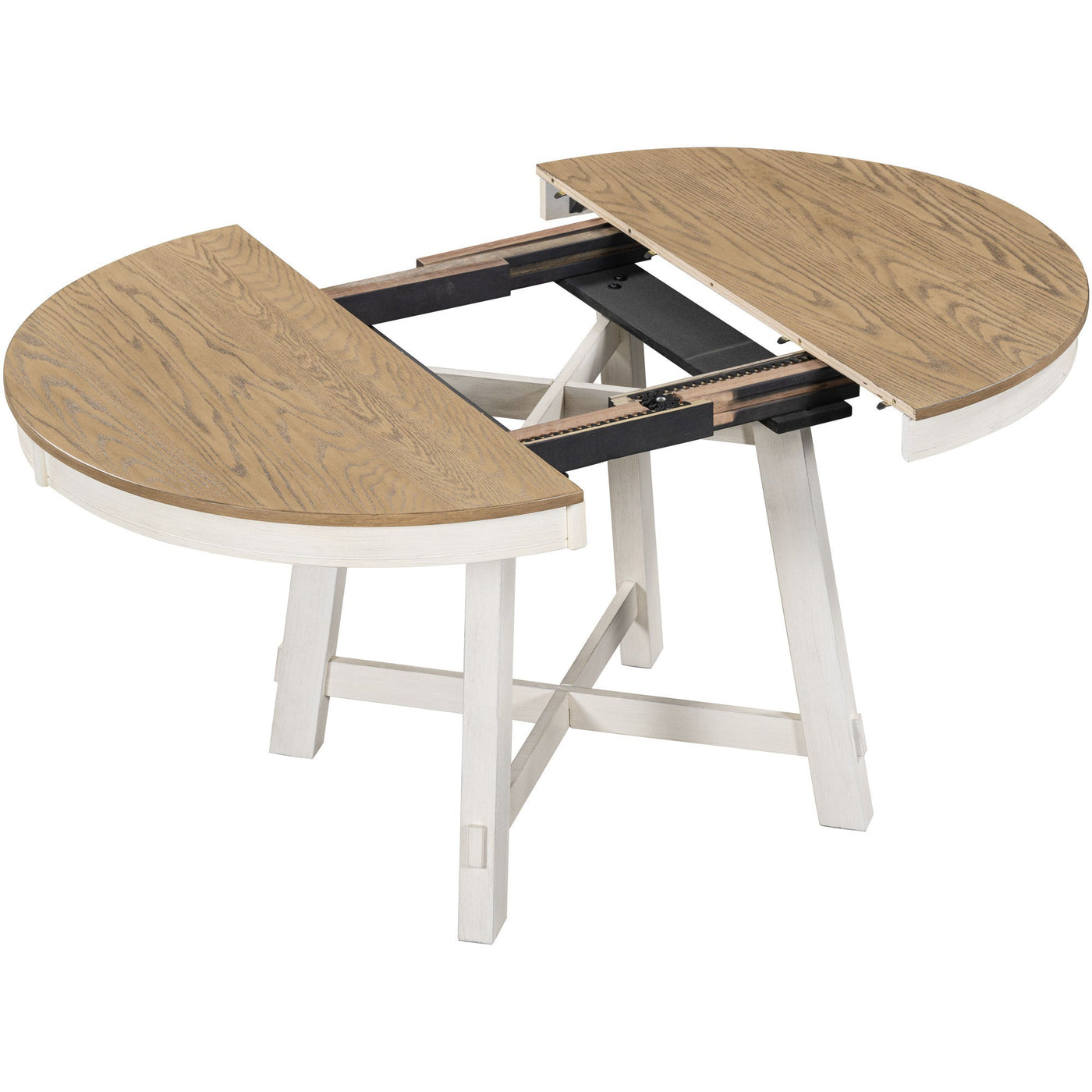 Blyssa Farmhouse Round Extendable Dining Table with 16" Leaf Wood Kitchen Table Oak Natural Wood + Antique White