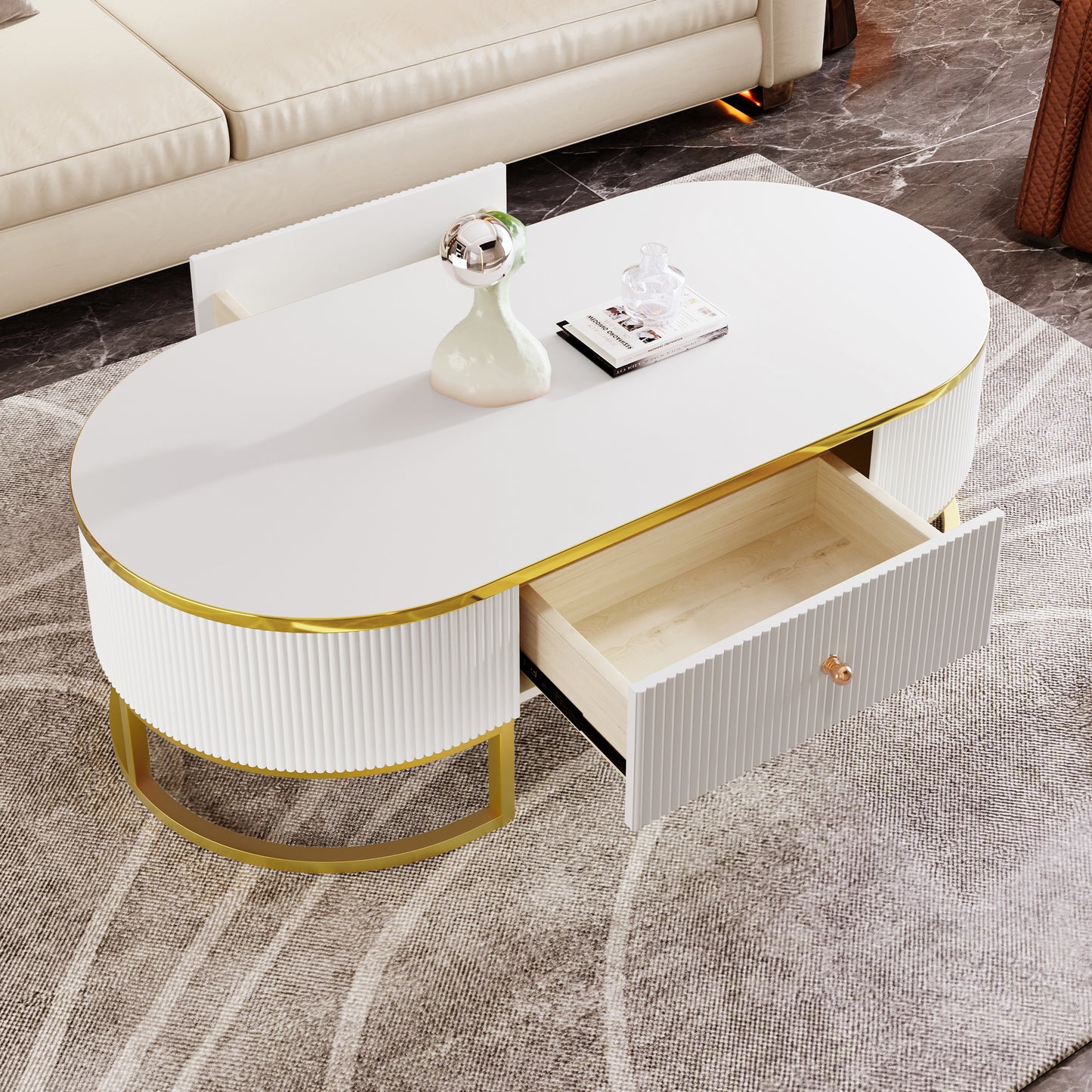 Sedona Modern Oval Coffee Table with 2 Large Drawers, White & Gold