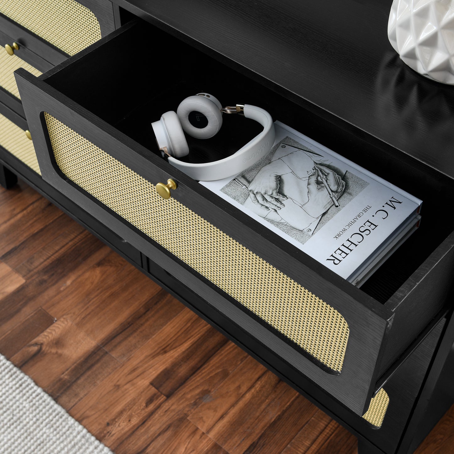 Alaric Mid-Century Modern 6-Drawer Dresser, Black & Rattan