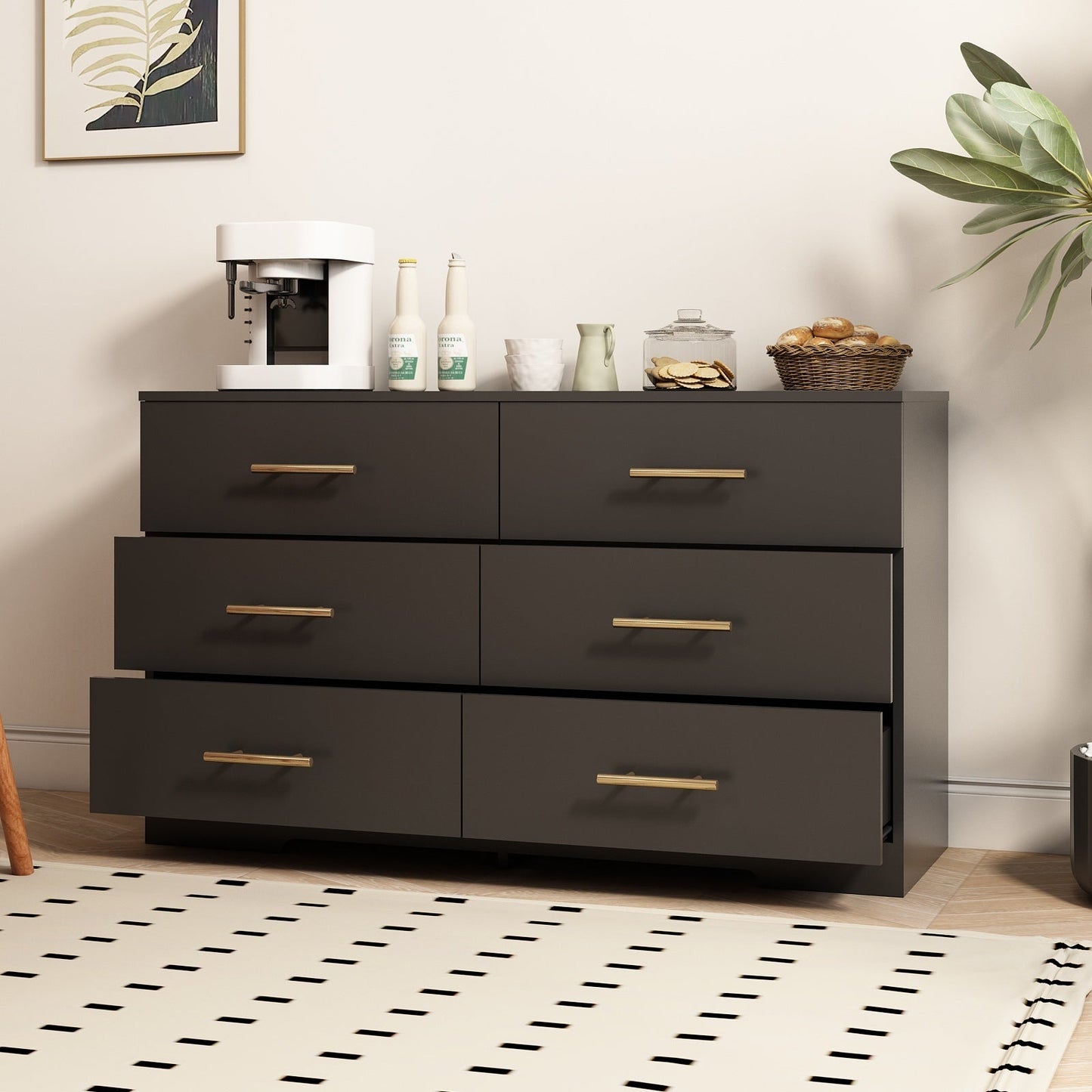 Tristian Modern 6-Drawer Dresser with Gold Handles, Black