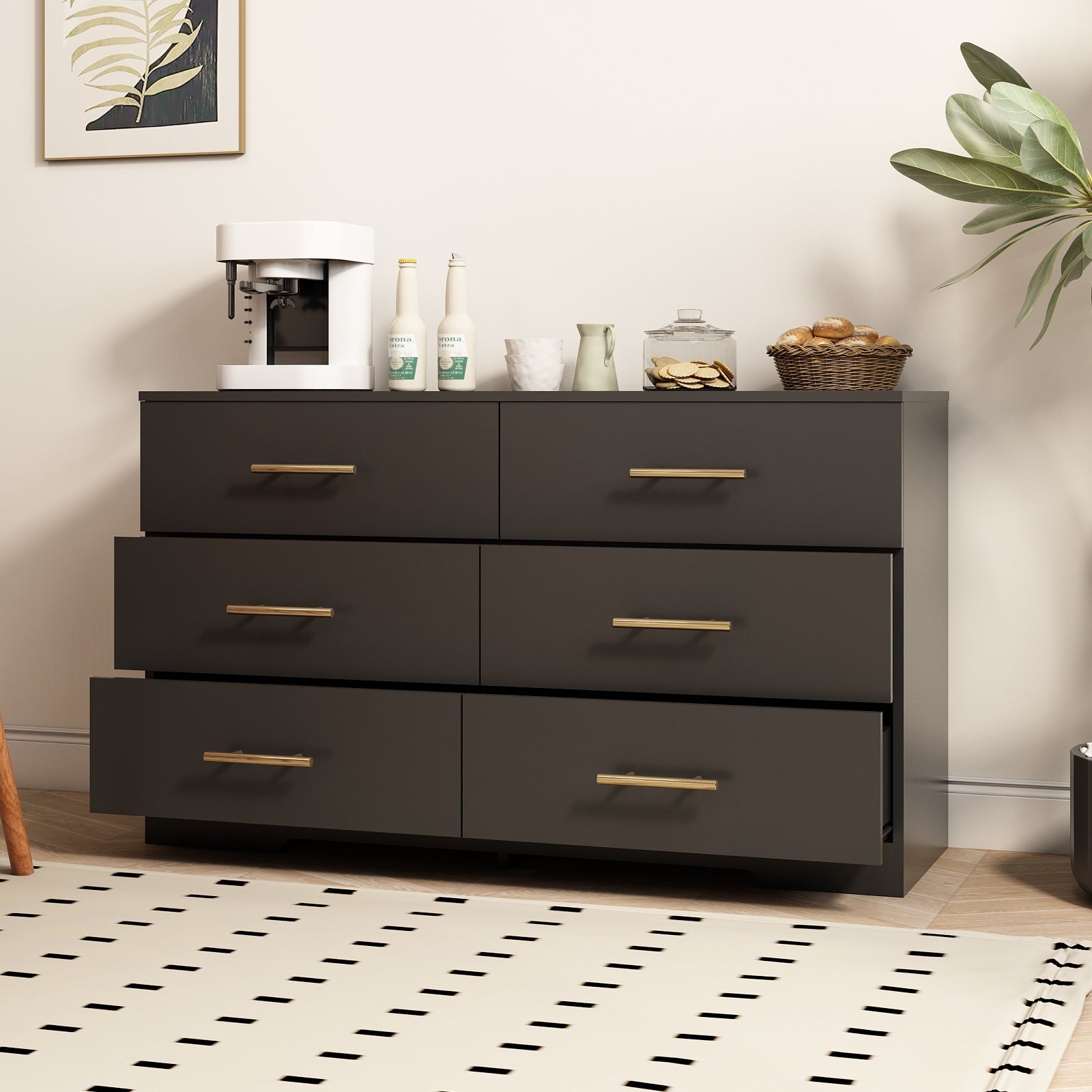 Tristian Modern 6-Drawer Dresser with Gold Handles, Black