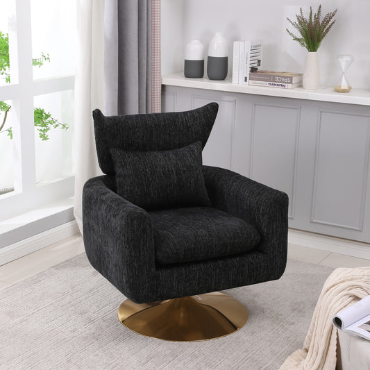 Brenda Mid-Century Modern Linen Swivel Chair with Gold Base - Black
