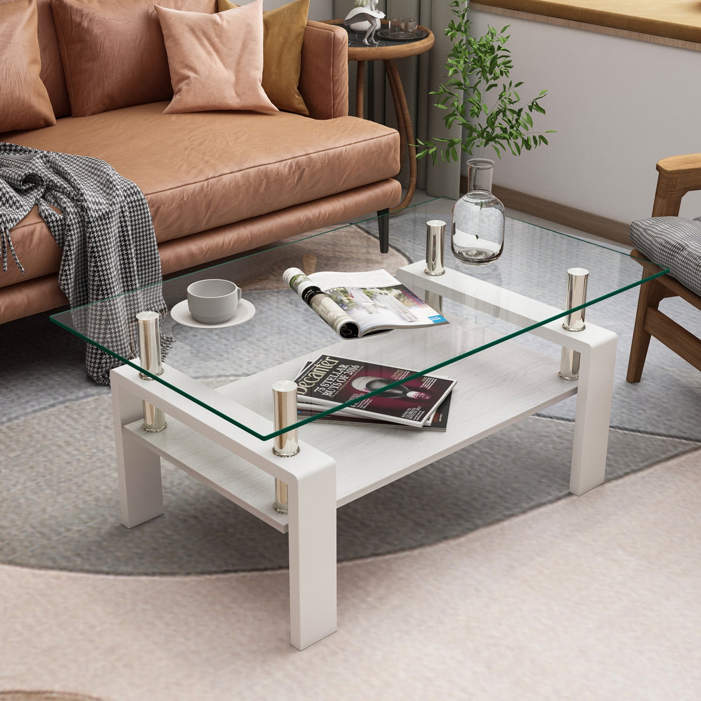 Melo Modern Glass Coffee Table with White Frame