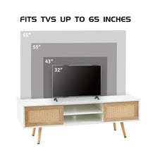 Clara Mid-Century Modern TV Stand with Rattan Doors and Angled Legs, White