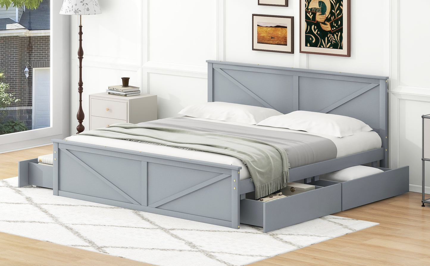 Rita King Size Platform Storage Bed with 4 Drawers - Gray